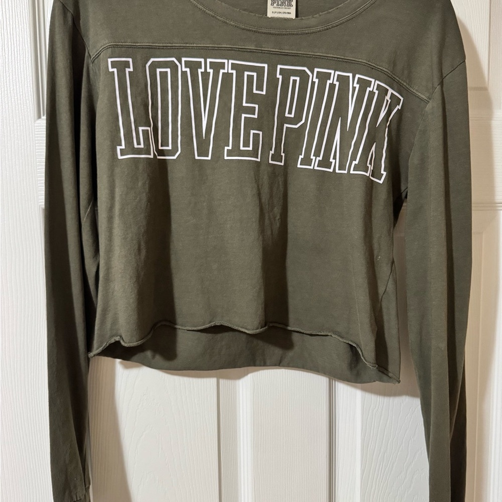 Olive Green Long Sleeve 'Love Pink' Top